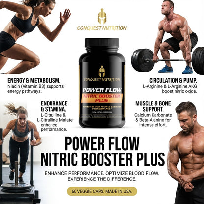 Advertisement for Conquest Nutrition Power Flow Nitric Booster Plus with athletes and product details.