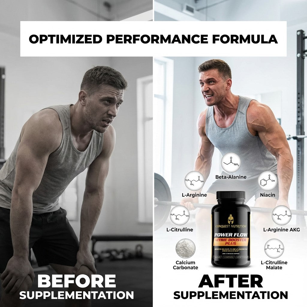 Before and after supplementing with Power Flow Nitric Oxide Plus, showing a man's transformation in a gym setting.