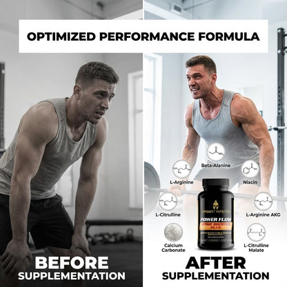 Before and after supplementing with Power Flow Nitric Oxide Plus, showing a man's transformation in a gym setting.