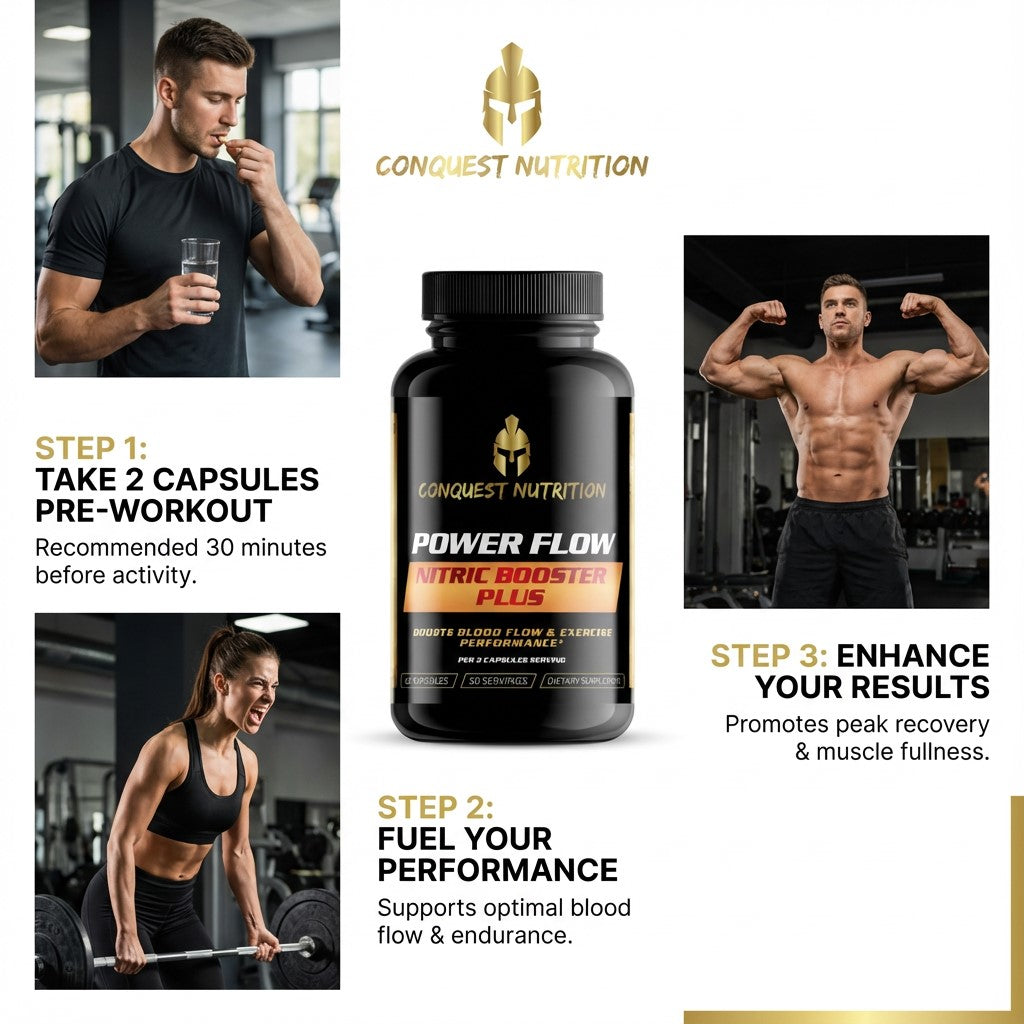 Advertisement for Conquest Nutrition Power Flow Nitric Booster Plus with images of a man and woman exercising.