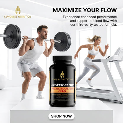 Advertisement for Conquest Nutrition Power Flow supplement with a man lifting weights and a woman on a treadmill.