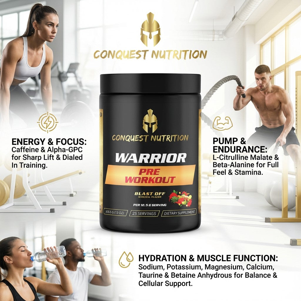 Conquest Nutrition Warrior pre-workout supplement with gym setting background