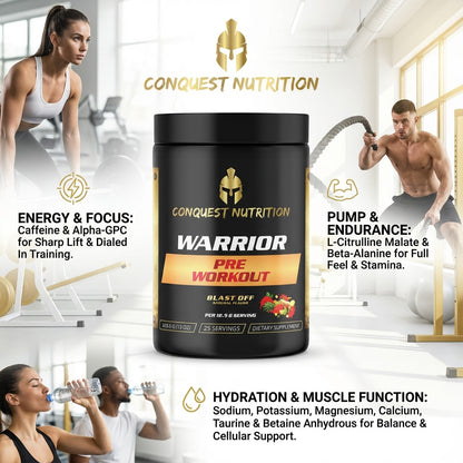 Conquest Nutrition Warrior pre-workout supplement with gym setting background