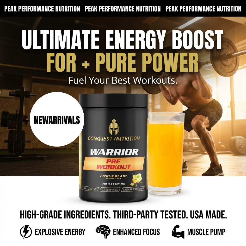 Advertisement for Conquest Nutrition Warrior Pre Workout supplement with a gym setting in the background.