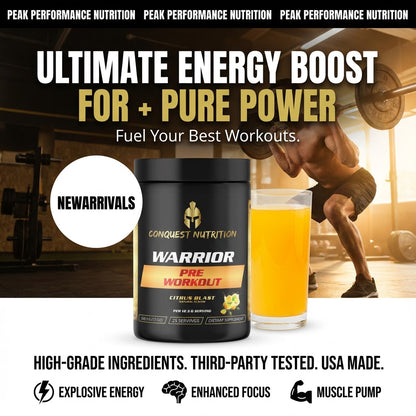 Advertisement for Conquest Nutrition Warrior Pre Workout supplement with a gym setting in the background.