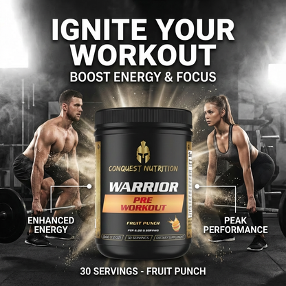 Conquest Nutrition Warrior pre-workout supplement with two people working out in a gym setting.