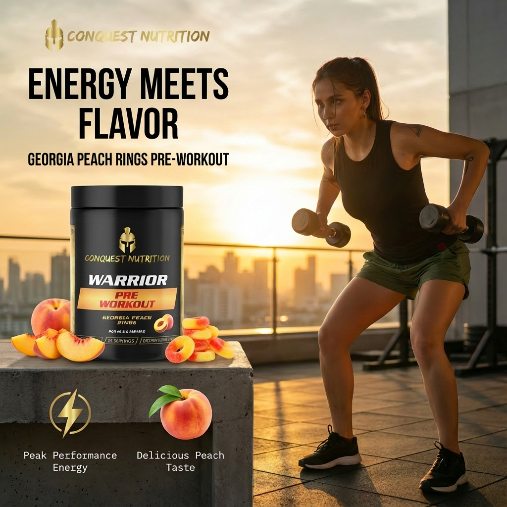 Pre-workout supplement container with a woman exercising outdoors, featuring Conquest Nutrition branding.