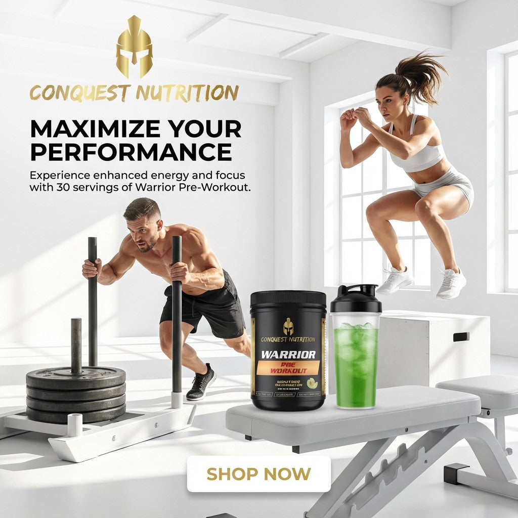 Advertisement for Conquest Nutrition Warrior pre-workout supplement with a man and woman exercising in a gym setting.