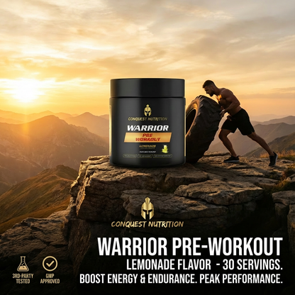 Conquest Nutrition Warrior Pre-Workout supplement container on a mountain with a person lifting weights.