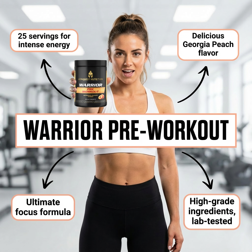 Woman holding a Warrior pre-workout supplement with text highlighting features in a gym setting