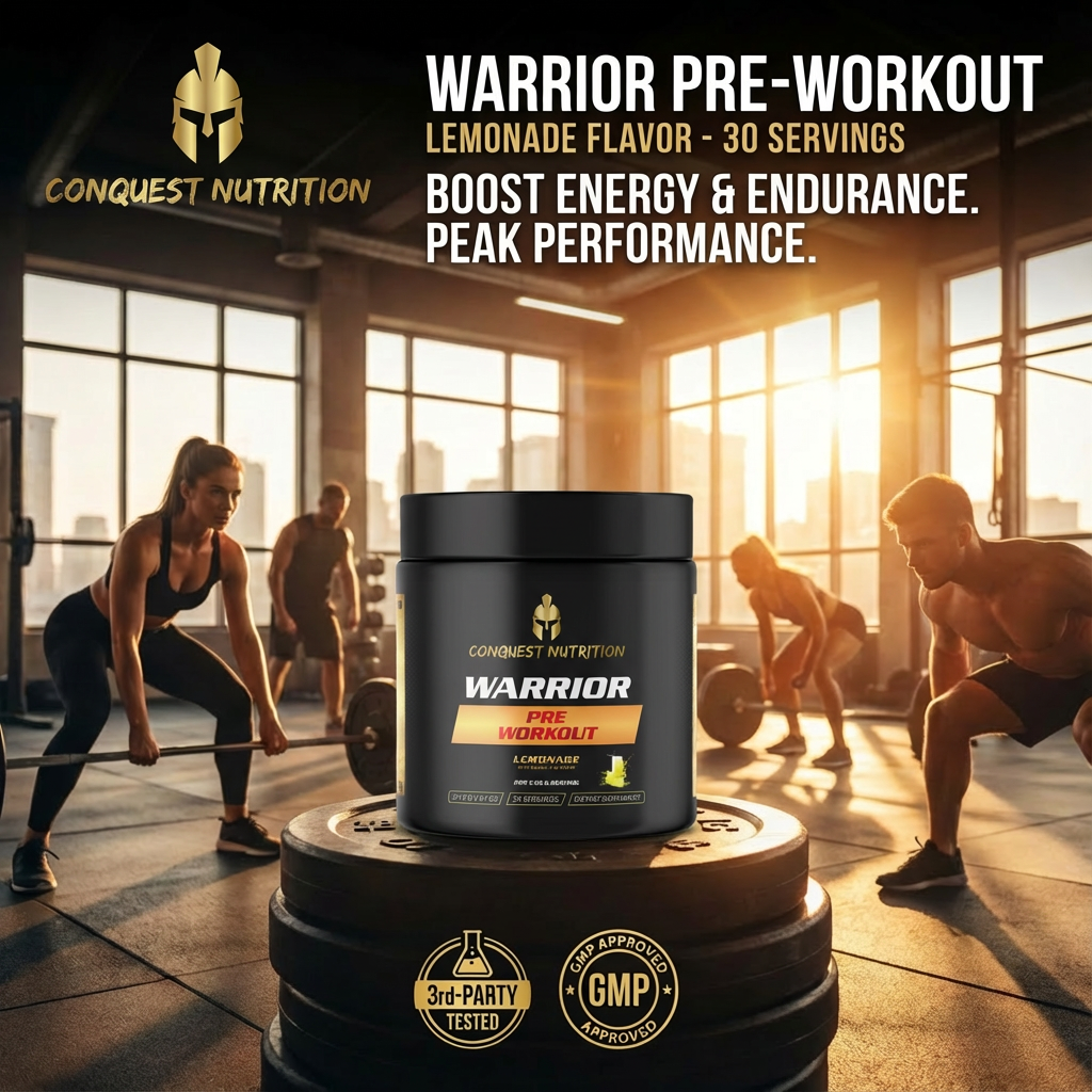 Conquest Nutrition Warrior Pre-Workout supplement container in a gym setting with people working out.