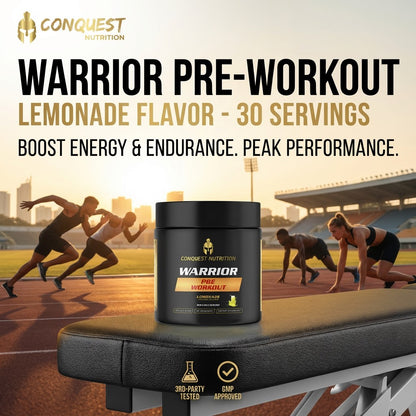 Conquest Nutrition Warrior Pre-Workout supplement on a track with athletes in the background