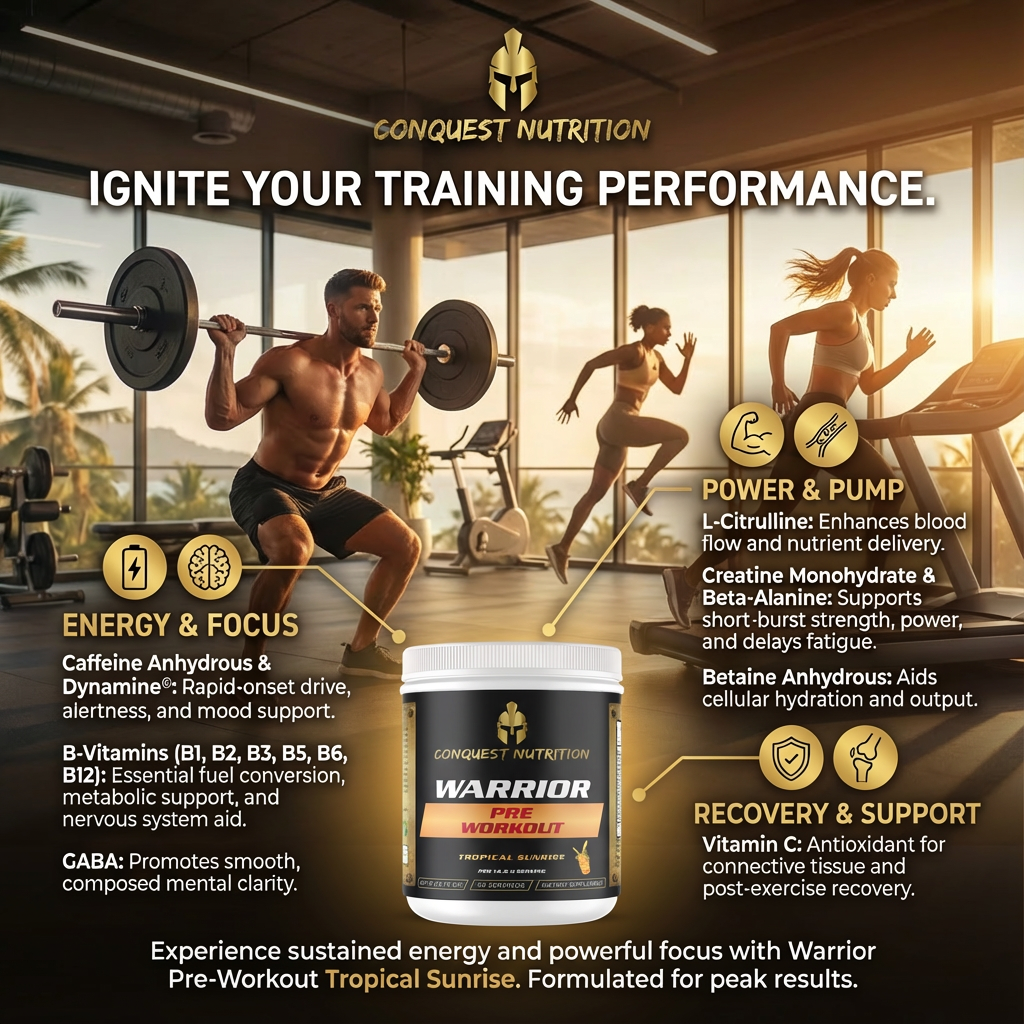 Advertisement for Conquest Nutrition Warrior pre-workout supplement with gym scene and product display.