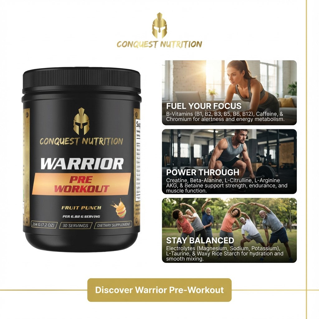 Conquest Nutrition Warrior Pre-Workout supplement container with promotional text on a white background
