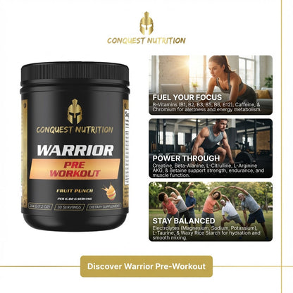 Conquest Nutrition Warrior Pre-Workout supplement container with promotional text on a white background