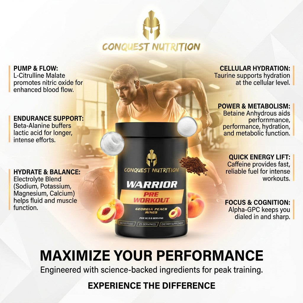 Advertisement for Conquest Nutrition Warrior pre-workout supplement with a muscular man and product details.