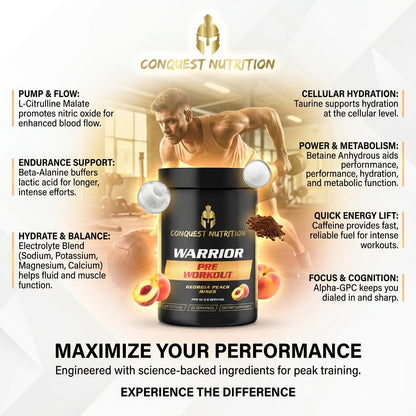 Advertisement for Conquest Nutrition Warrior pre-workout supplement with a muscular man and product details.