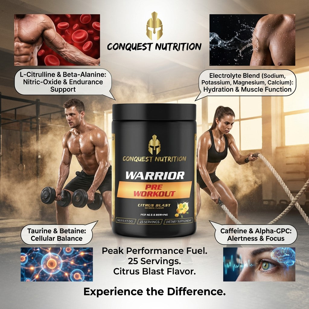Conquest Nutrition Warrior pre-workout supplement with athletes and product details.