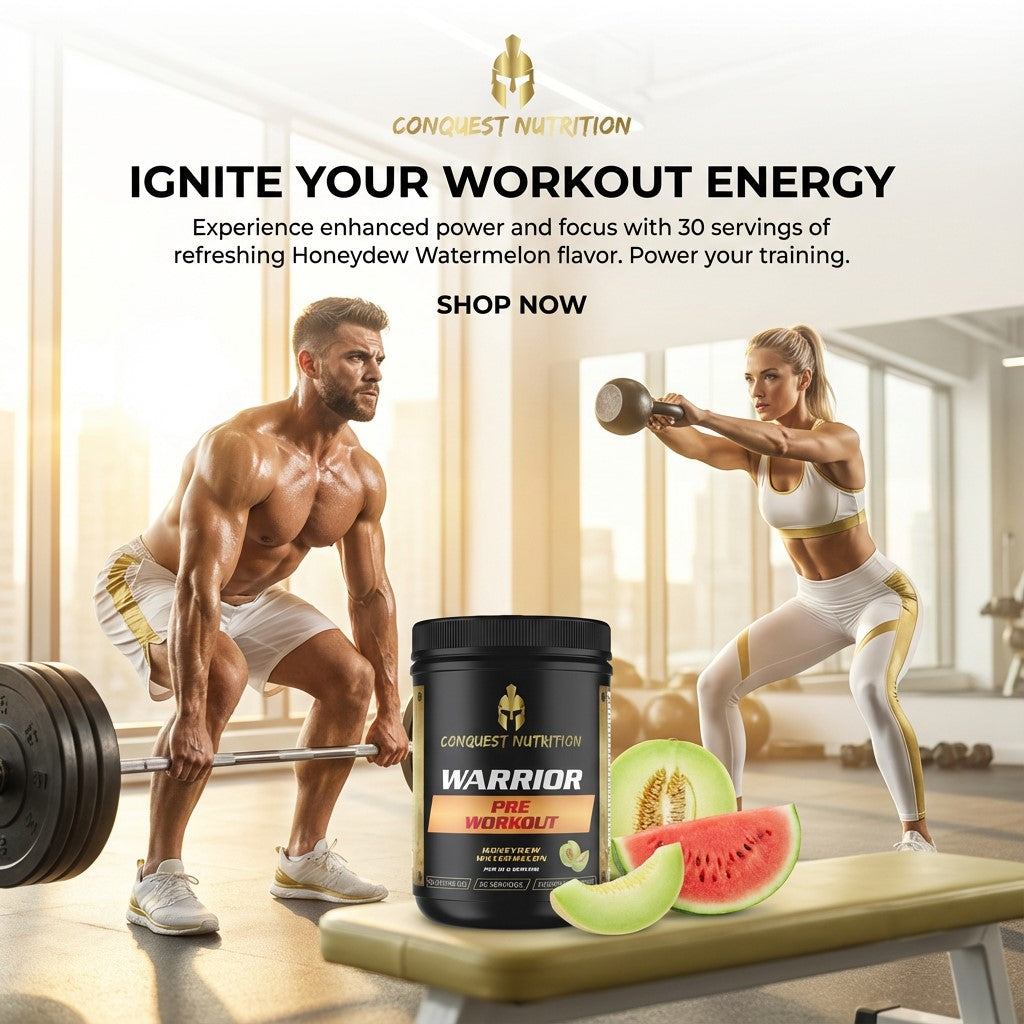 Advertisement for Conquest Nutrition Warrior pre-workout supplement with two people working out in a gym.
