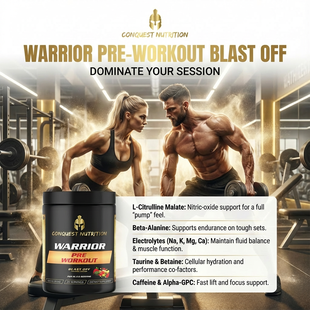 Advertisement for Conquest Nutrition Warrior Pre-Workout Blast Off supplement with a muscular man and woman in a gym setting.