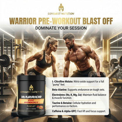 Advertisement for Conquest Nutrition Warrior Pre-Workout Blast Off supplement with a muscular man and woman in a gym setting.