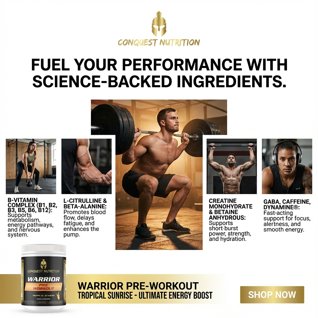 Advertisement for Conquest Nutrition Warrior pre-workout supplement with a muscular man lifting weights.
