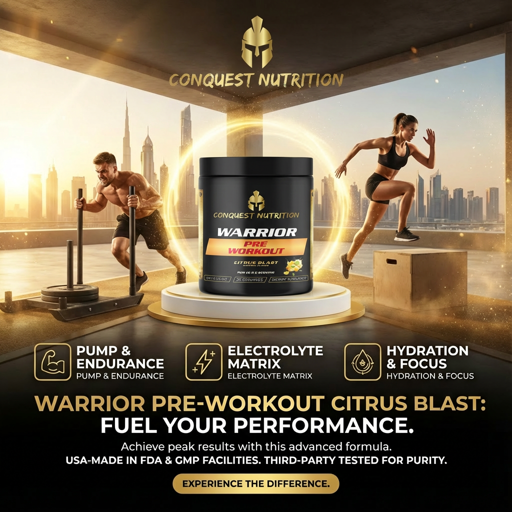 Conquest Nutrition Warrior pre-workout supplement with athletes in the background