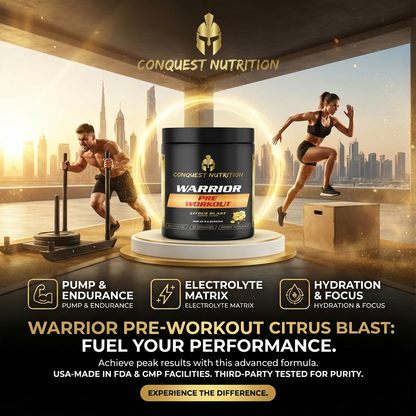 Conquest Nutrition Warrior pre-workout supplement with athletes in the background