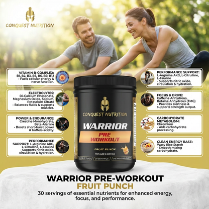 Conquest Nutrition Warrior Pre-Workout supplement with a man and woman exercising outdoors.
