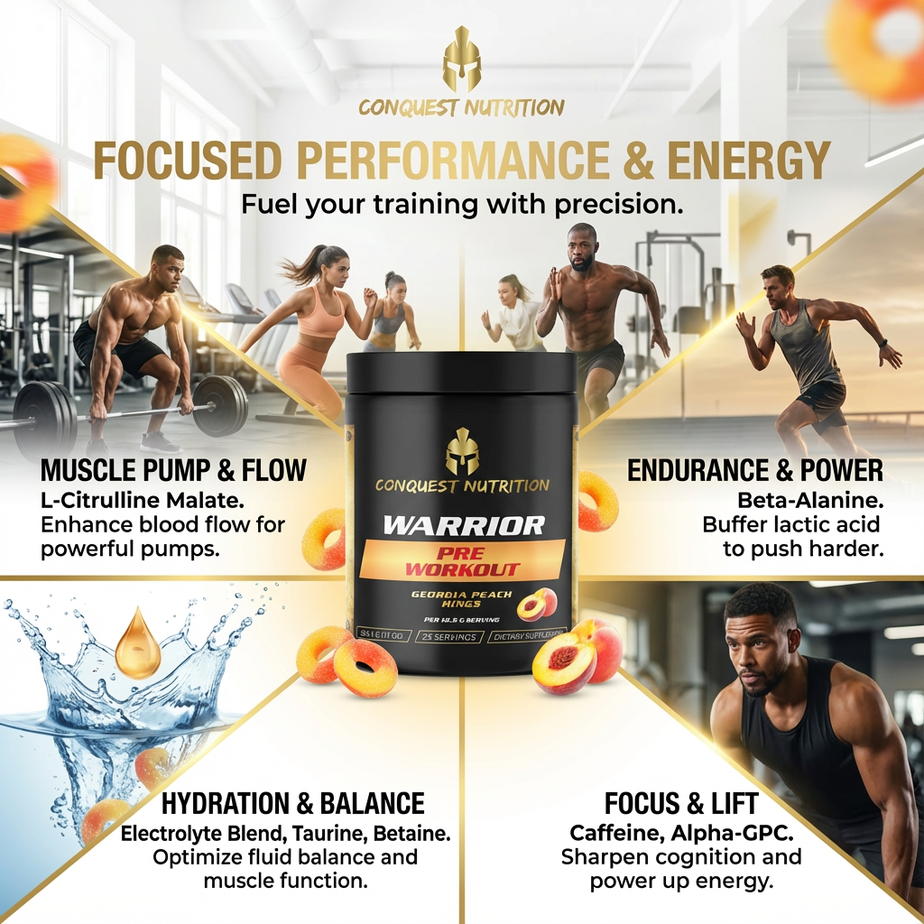 Advertisement for Conquest Nutrition Warrior pre-workout supplement with gym background and product details.