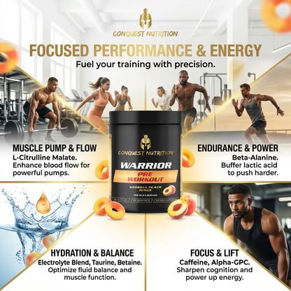 Advertisement for Conquest Nutrition Warrior pre-workout supplement with gym background and product details.
