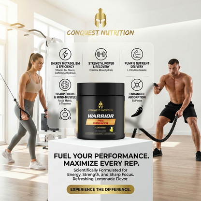 Conquest Nutrition Warrior Pre Workout supplement with two people exercising in a bright room.