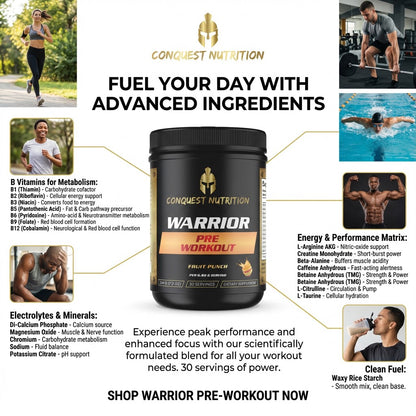 Conquest Nutrition Warrior Pre-Workout supplement container with lifestyle images and product details.