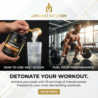 Advertisement for Conquest Nutrition Warrior Pre-Workout powder with a person mixing it and a muscular person lifting weights.