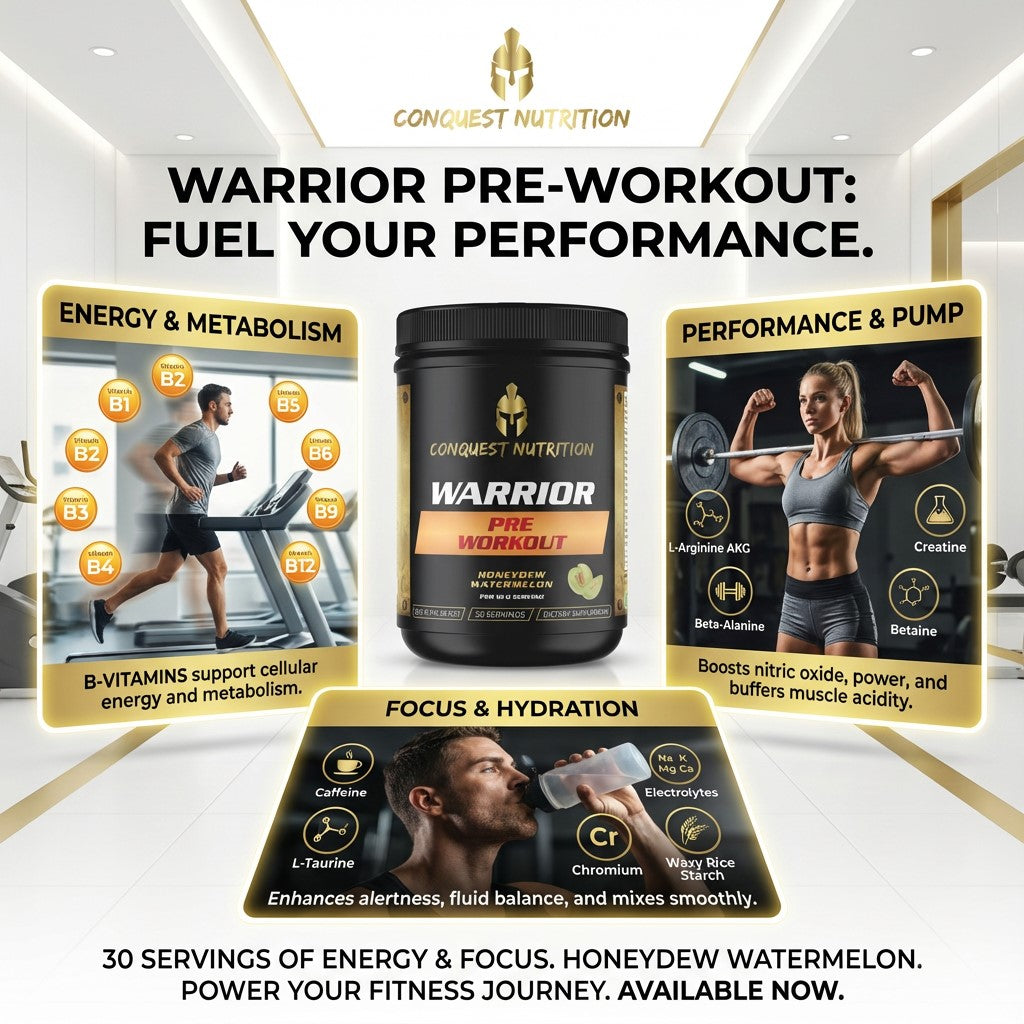 Advertisement for Conquest Nutrition Warrior Pre-Workout with product packaging and promotional text.