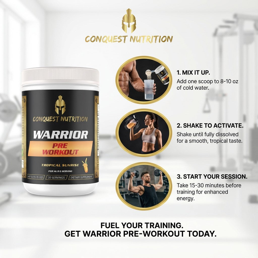 Conquest Nutrition Warrior Pre-Workout supplement container with usage instructions on a white background.