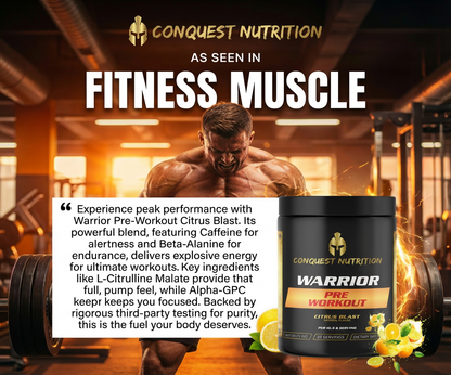 Advertisement for Conquest Nutrition Warrior Pre-Workout supplement with a muscular man in a gym.