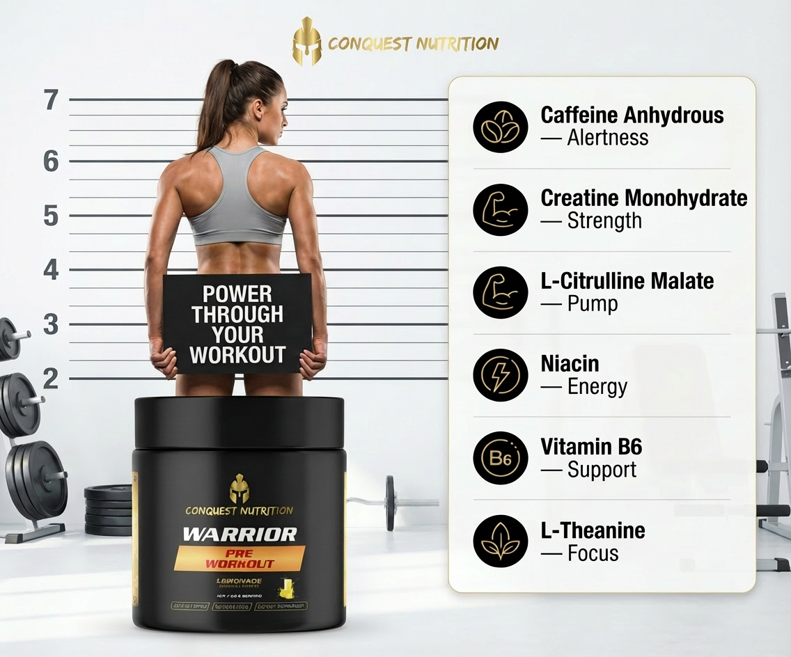 Conquest Nutrition Warrior Pre Workout supplement with a woman holding a sign and gym equipment in the background.