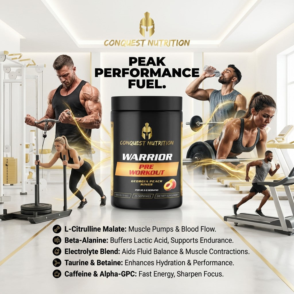 Conquest Nutrition Warrior Pre Workout supplement with gym background and people exercising.
