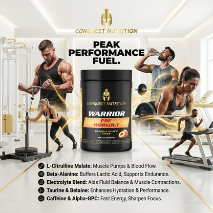 Conquest Nutrition Warrior Pre Workout supplement with gym background and people exercising.