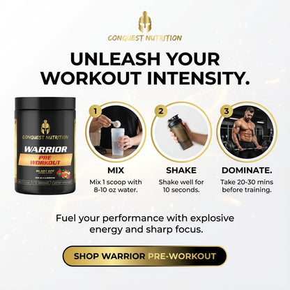 Advertisement for Conquest Nutrition Warrior Pre-Workout supplement with instructions and promotional text.