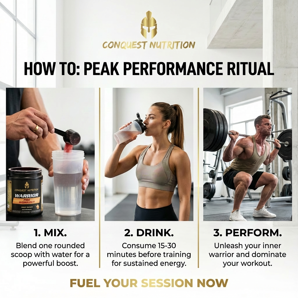 Conquest Nutrition advertisement for peak performance ritual with gym activities and nutrition products.