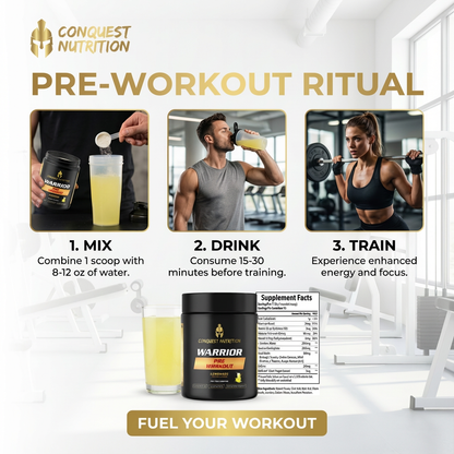 Advertisement for Conquest Nutrition pre-workout supplement with steps to mix, drink, and train.