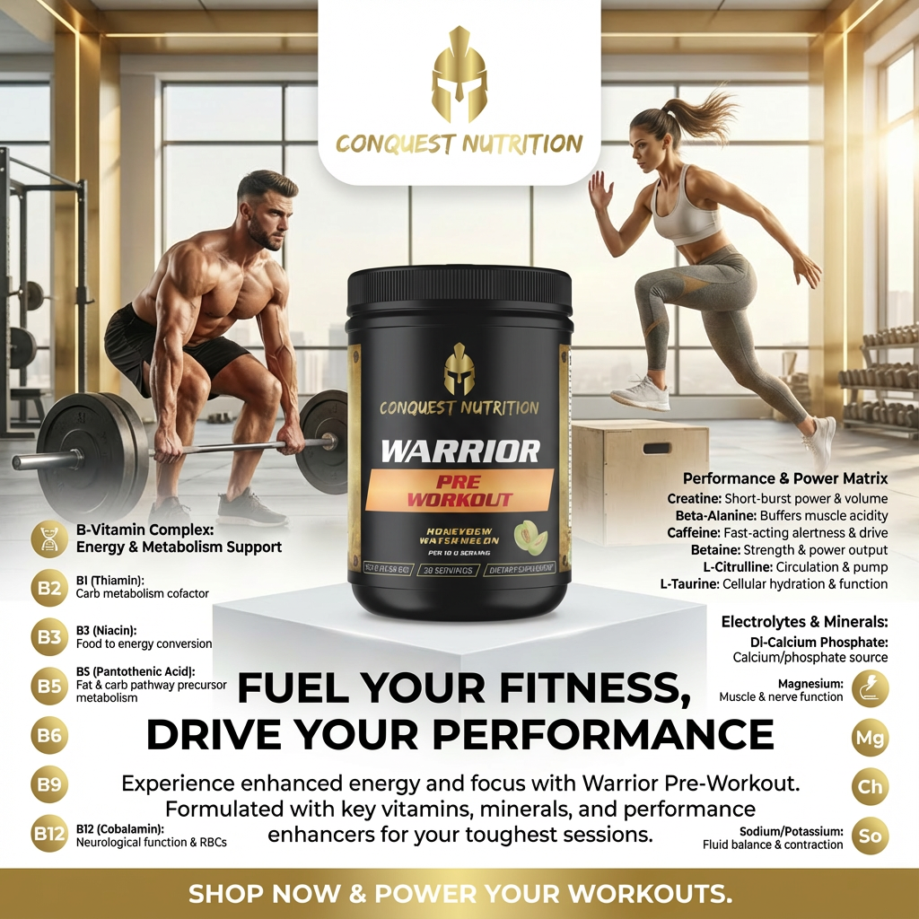 Advertisement for Conquest Nutrition Warrior Pre-Workout supplement with a man and woman exercising in a gym setting.