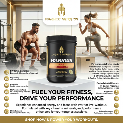 Advertisement for Conquest Nutrition Warrior Pre-Workout supplement with a man and woman exercising in a gym setting.