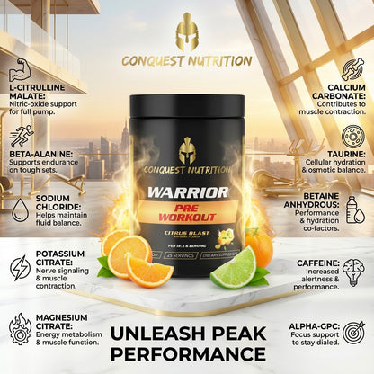 Conquest Nutrition Warrior Pre Workout supplement container with ingredients listed on a cityscape background