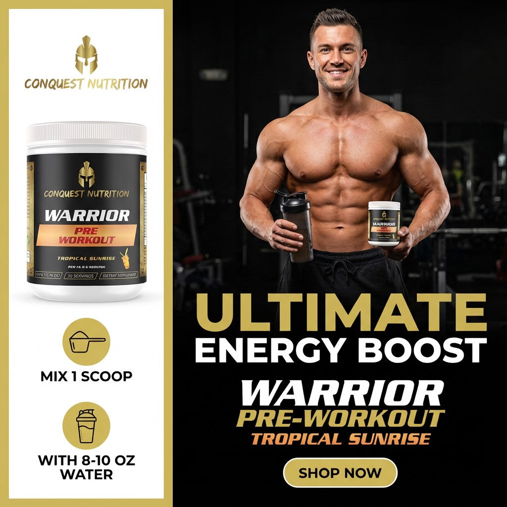 Advertisement for Conquest Nutrition Warrior Pre-Workout with a muscular man holding the product.