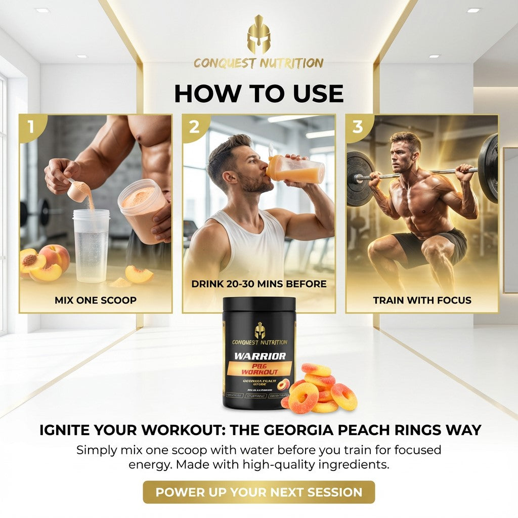 Advertisement for Conquest Nutrition Warrior Protein Powder with usage instructions and product display.