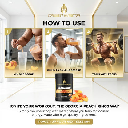 Advertisement for Conquest Nutrition Warrior Protein Powder with usage instructions and product display.