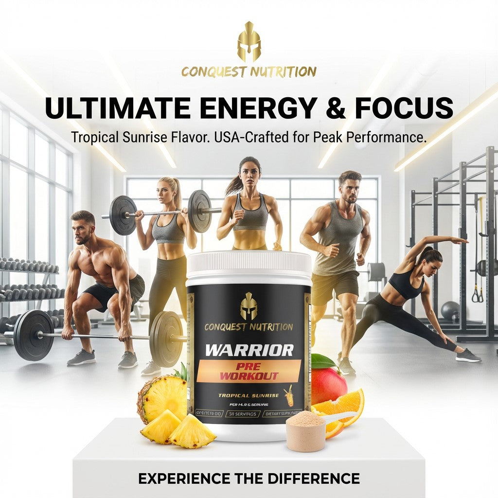 Advertisement for Conquest Nutrition Warrior pre-workout supplement with people exercising in a gym.